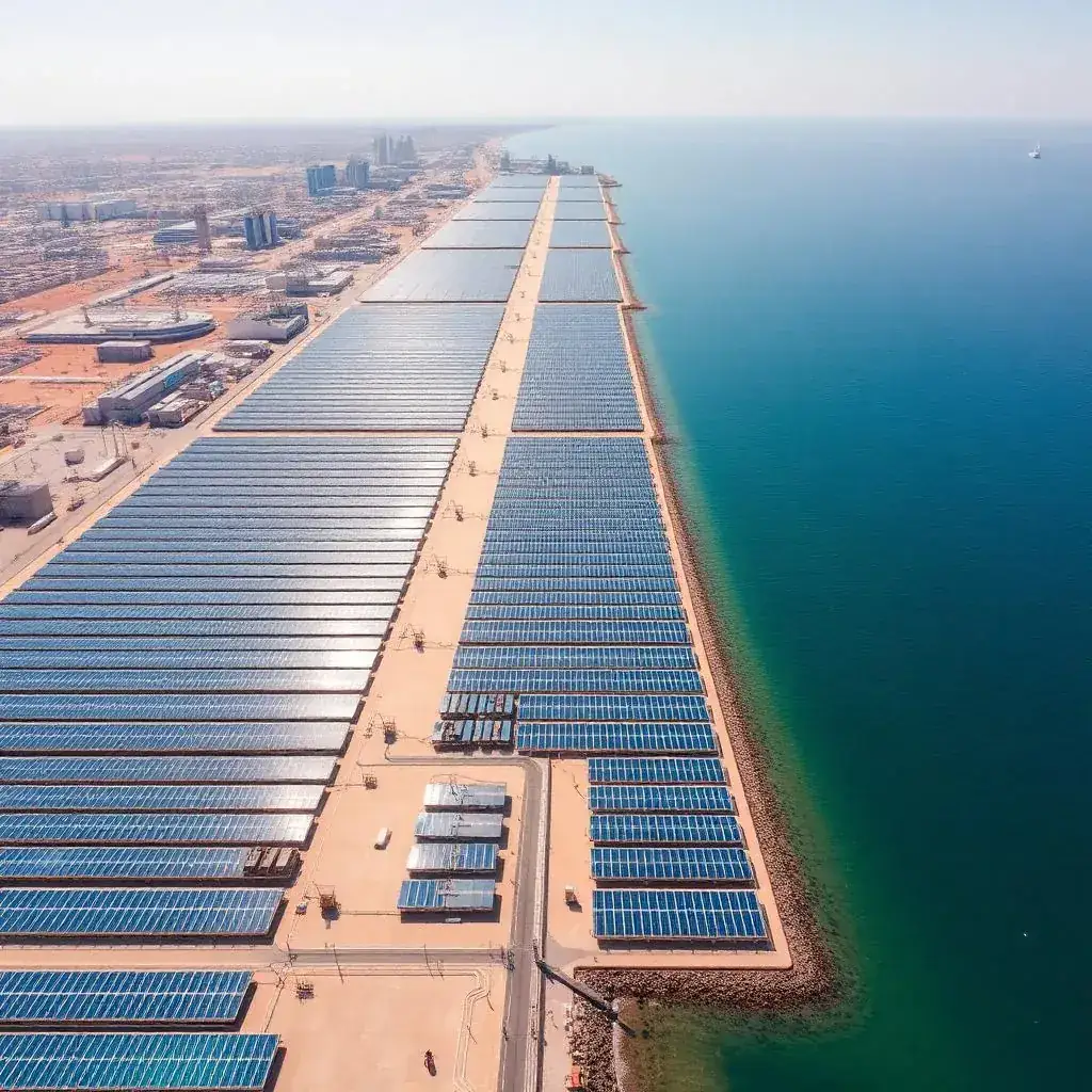 Large-scale municipal solar desalination plant stretching along a coastline