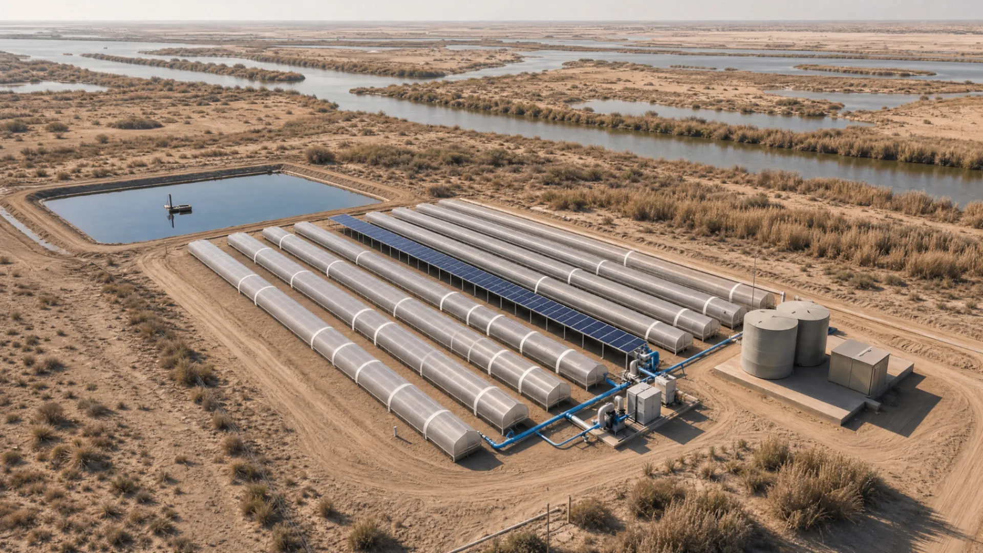 Solar-powered desalination facility beside a river delta in an arid desert landscape