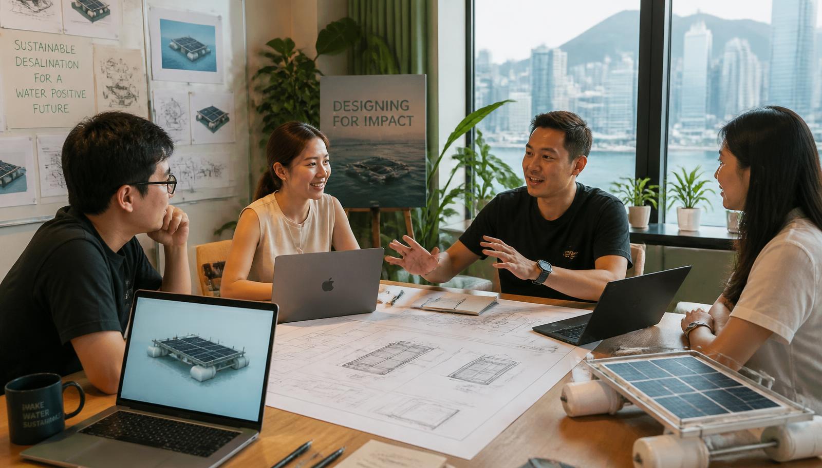 The ReGen Technology team reviewing solar desalination designs in Hong Kong