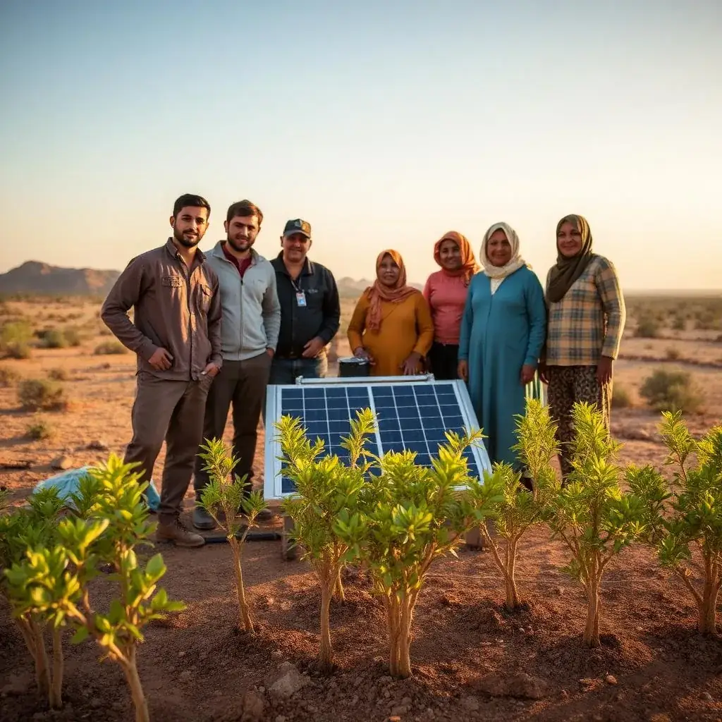 Field workers and community members beside a solar desalination unit with newly planted saplings