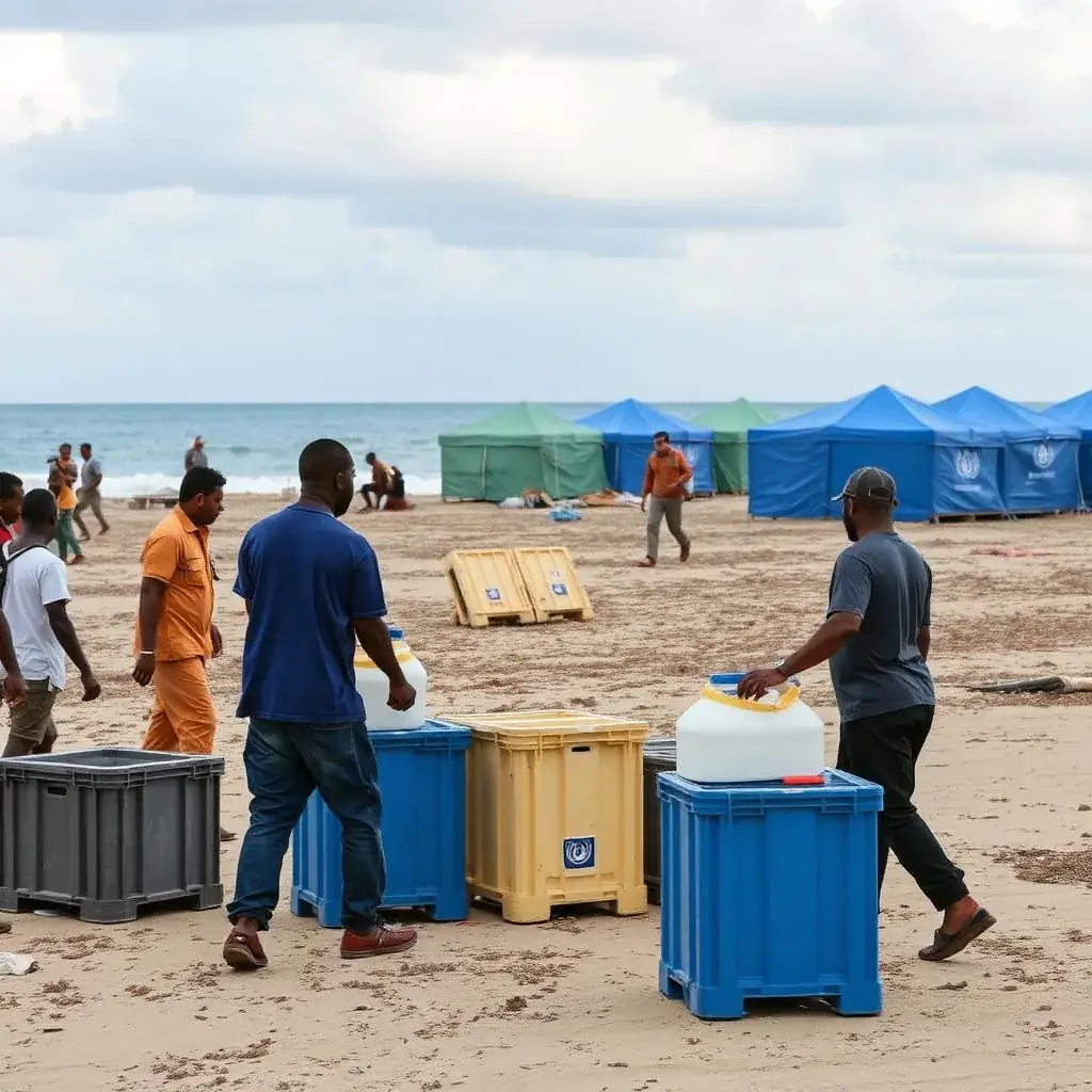 Humanitarian responders deploying modular water units on a coastline beside relief tents