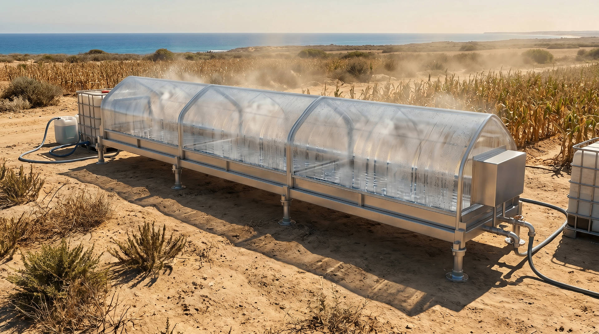 Multiple modular solar desalination units installed along a coastal farm