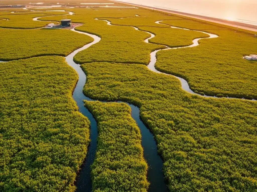 Aerial view of a restored coastal wetland with returning birdlife and green vegetation