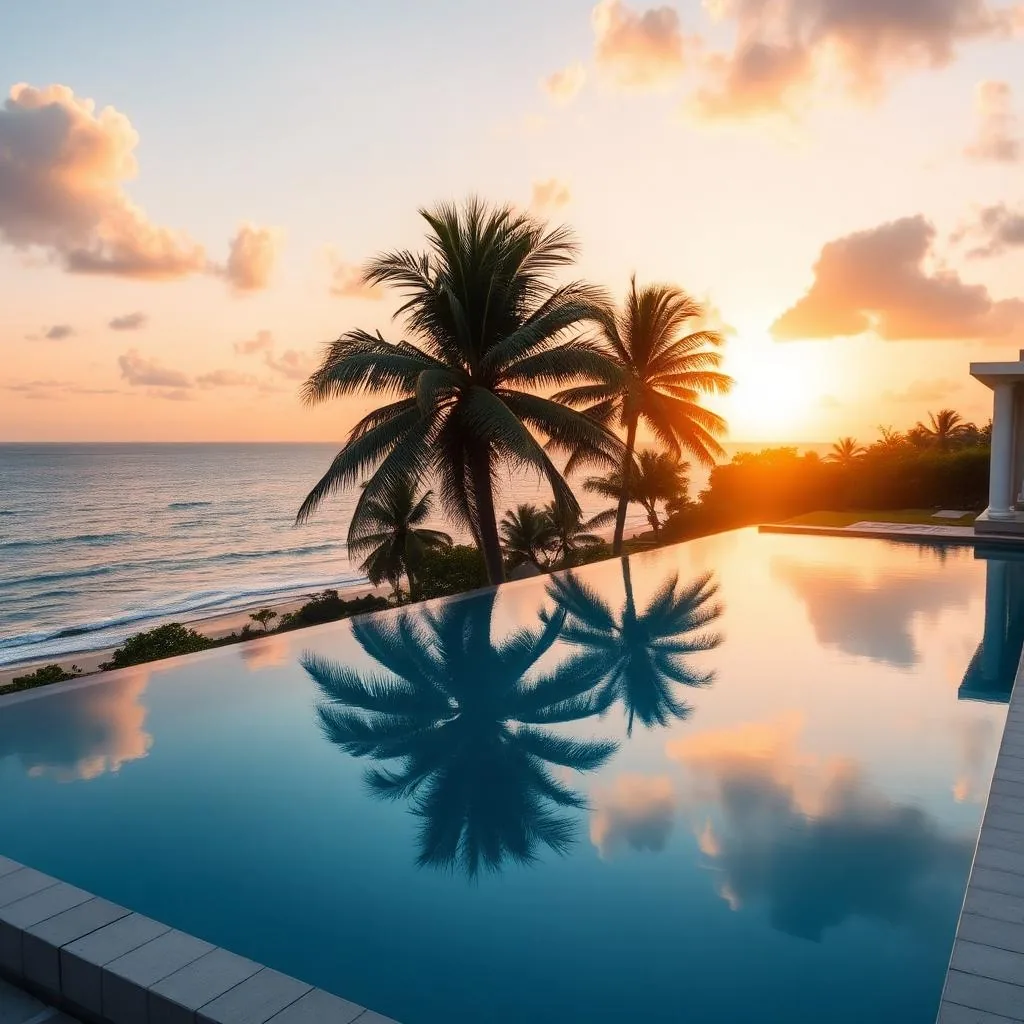 Infinity pool at a luxury eco-resort overlooking the ocean at sunset