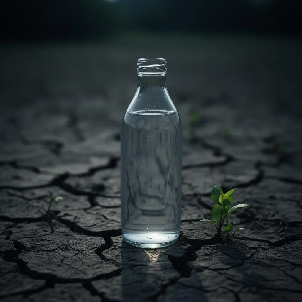 A glass bottle of clear water on cracked dry earth with a small green sprout